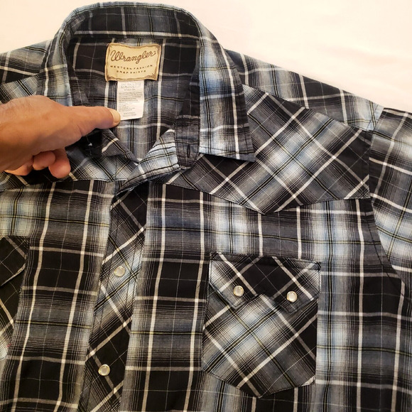 Wrangler Mens Short Sleeve Pearl Snap Shirt Western Black Plaid 3XL Big 3XB - Picture 2 of 10